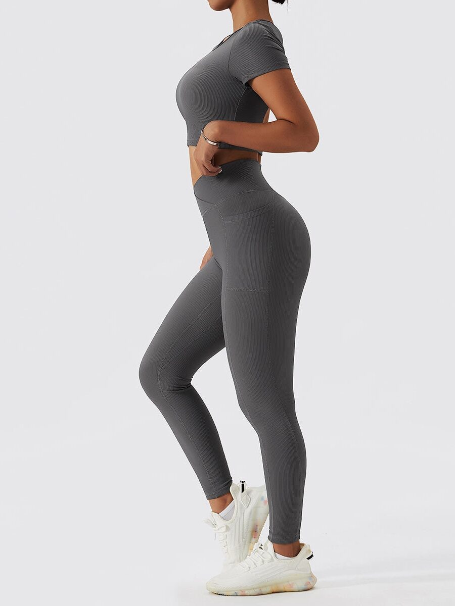 Fashion-Forward Open-Back Ribbed Short-Sleeve Cropped Top & High-Waisted Pocketed Leggings Set