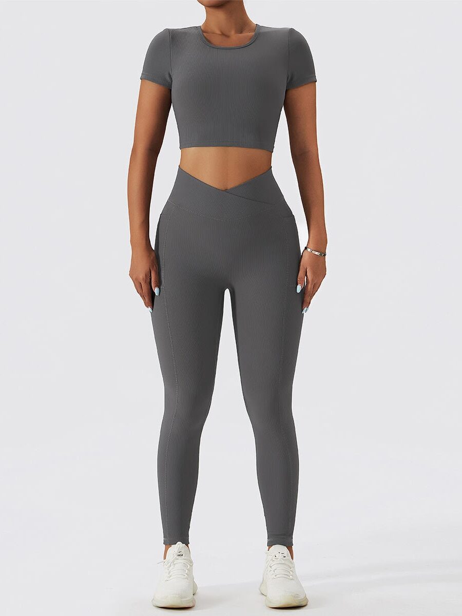 Fashionistas Dream! Ribbed Crop Top & High-Waisted Leggings Set - Open-Back, Short-Sleeve, with Pockets!