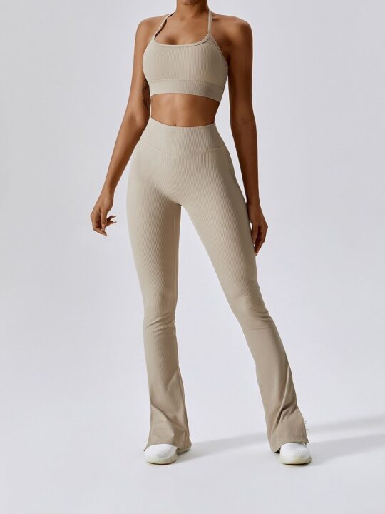 Make a Statement in this Ribbed Spaghetti Strap Sports Bra & Flattering High-Waist Flared Bottom Pants - Perfect for Workouts or Everyday Wear!
