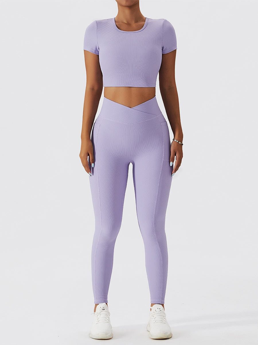 Open-Back Ribbed Short-Sleeve Crop Top & High-Waist Pocket Leggings Set