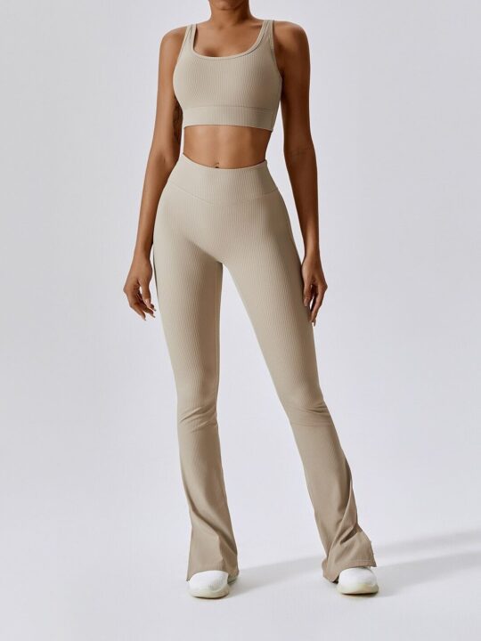 Ribbed Backless Strappy Sports Bra & High-Waisted Flared Bottom Womens Yoga Pants - Comfort & Style!