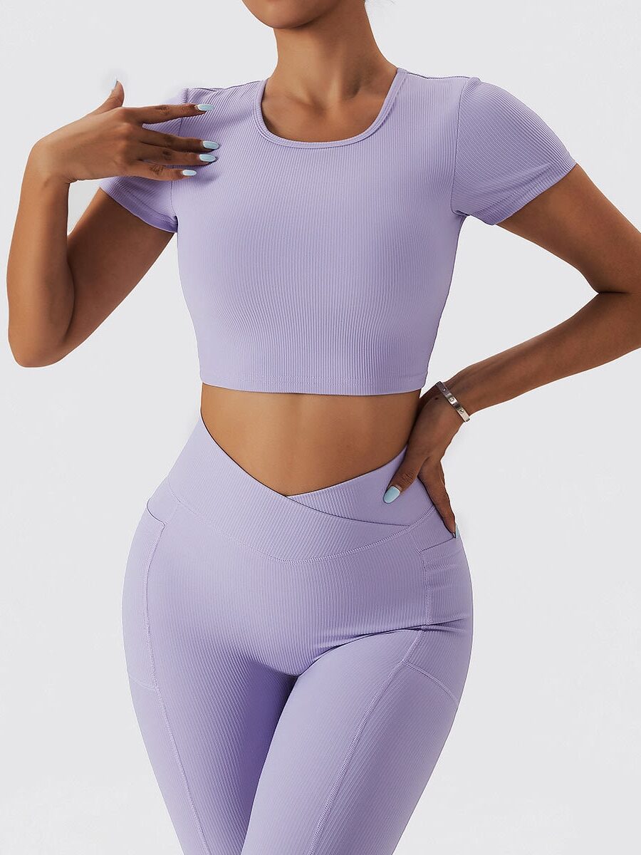 Womens Sexy Open-Back Ribbed Short-Sleeve Crop Top & High-Waist Pocket Leggings Set - Hot Summer Look!