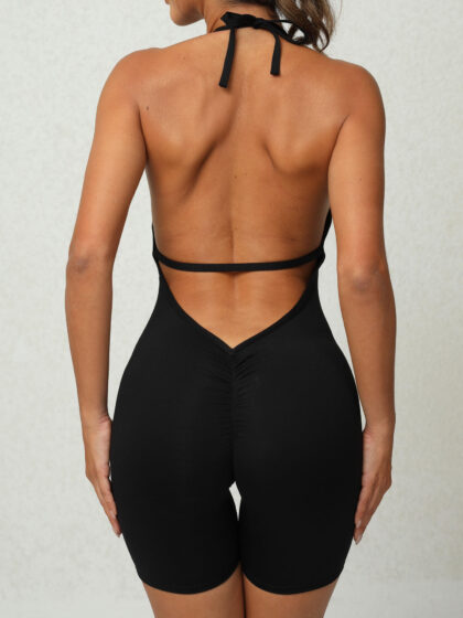 Be the Belle of the Yoga Studio in this Sexy Backless Halter Neck Scrunch Butt Onesie!