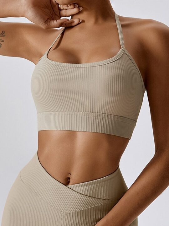 Stay Active in Style! Womens Ribbed Spaghetti Strap Backless Sports Bra V2 - Comfort and Support for Your Workouts