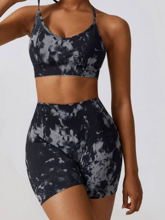Fun and Flirty Tie-Dye Cami Sports Bra and High-Waisted Scrunch Butt Shorts Set - Perfect for Working Out or Lounging Around!