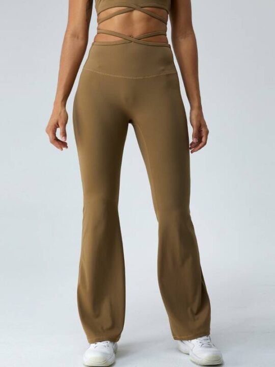 Stretchy & Stylish Waist Strappy Flare Bottom High-Waisted Yoga Pants - Perfect for Yoga, Pilates & More!