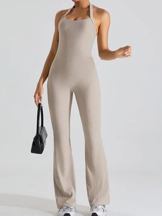 Trendy Halter Neck Bell-Bottom Yoga Jumpsuit | Wide-Leg Yoga Jumpsuit with Bell Bottoms | Flowy Halter Neck Jumpsuit for Yoga | Stylish Bell-Bottom Halter Neck Yoga Jumpsuit