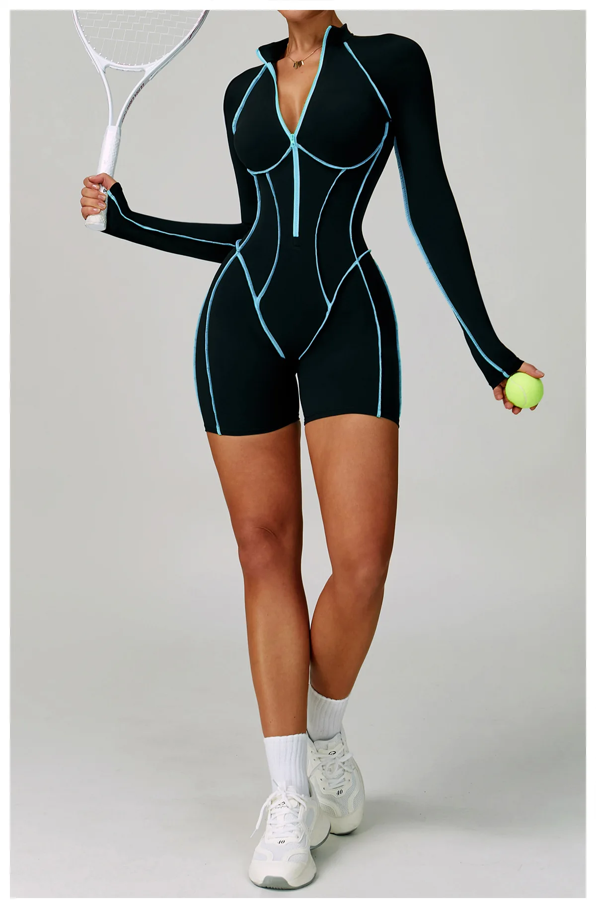 Stylish and Versatile: Womens Gym Set Jumpsuit for Training, Yoga, and Fitness - Long Sleeve Sports Romper with Push Up Bodysuit Design