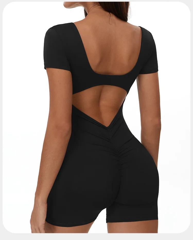 Sculpted Seamless Yoga Romper with Open Back and Ruched Detail for Women - Image 14
