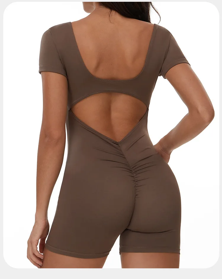 Sculpted Seamless Yoga Romper with Open Back and Ruched Detail for Women - Image 5