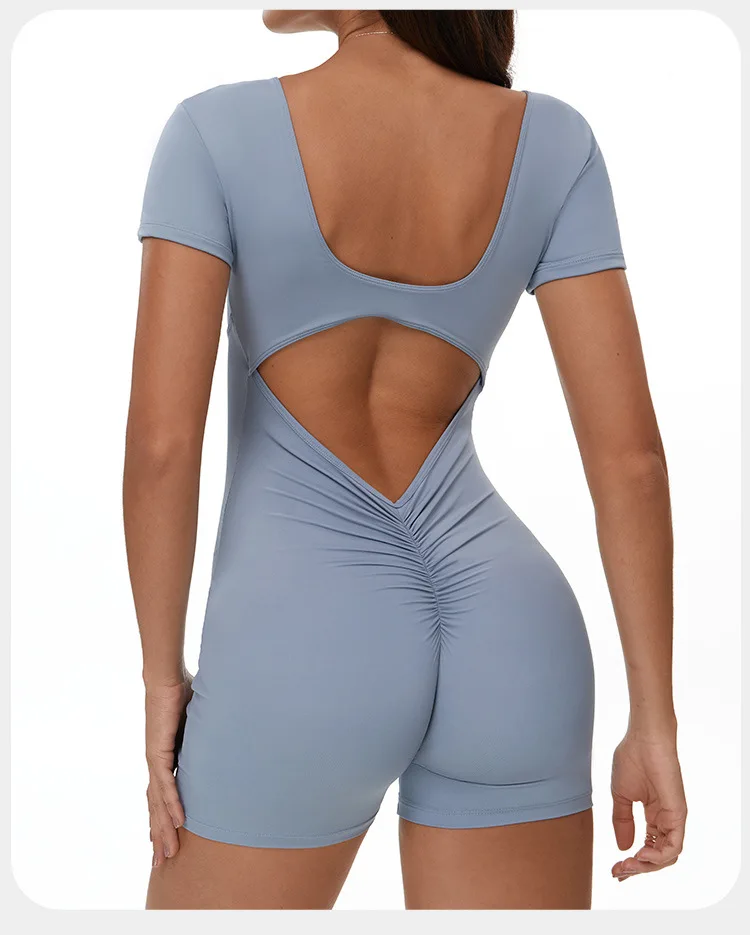 Sculpted Seamless Yoga Romper with Open Back and Ruched Detail for Women - Image 11