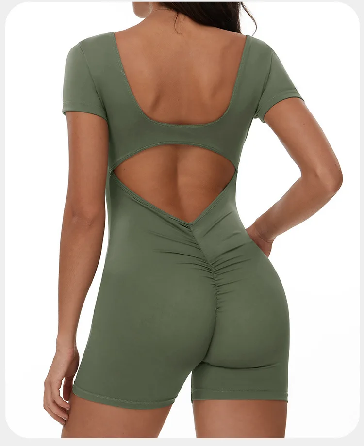 Sculpted Seamless Yoga Romper with Open Back and Ruched Detail for Women - Image 8