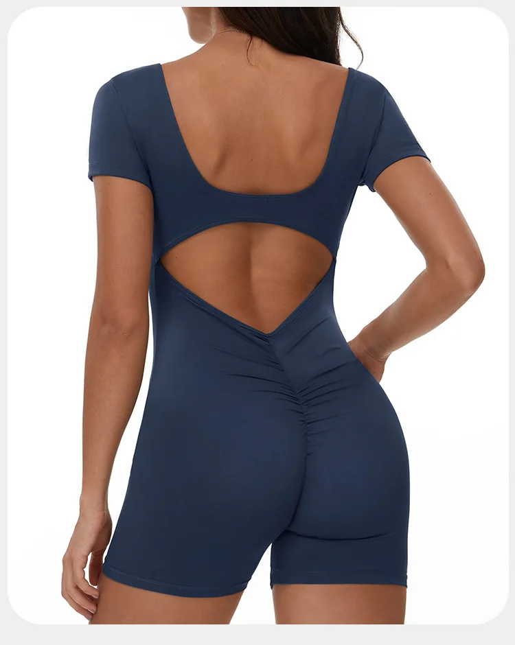 Sculpted Seamless Yoga Romper with Open Back and Ruched Detail for Women - Image 2