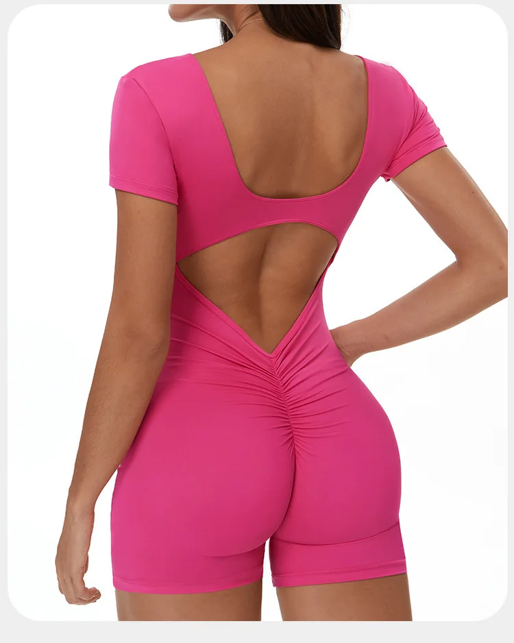 Sculpted Seamless Yoga Romper with Open Back and Ruched Detail for Women - Image 17