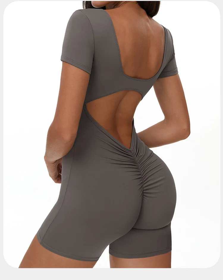 Sculpted Seamless Yoga Romper with Open Back and Ruched Detail for Women - Image 20