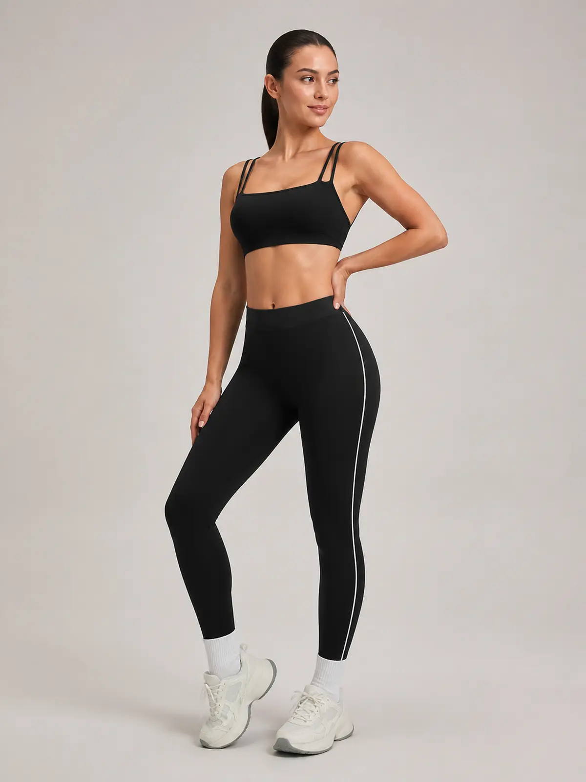 Amber Tempo Square-Neck Sports Bra and Full-Length Leggings Set — black — general — authoritative variation match