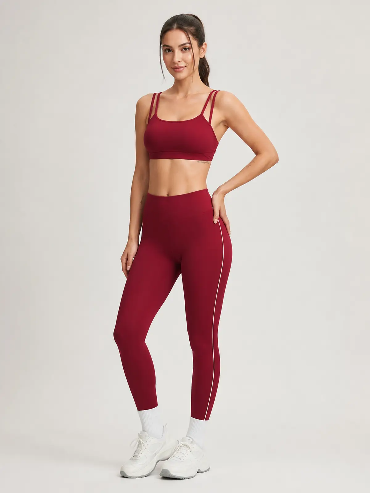 Amber Tempo Square-Neck Sports Bra and Full-Length Leggings Set — dark red — general — authoritative variation match