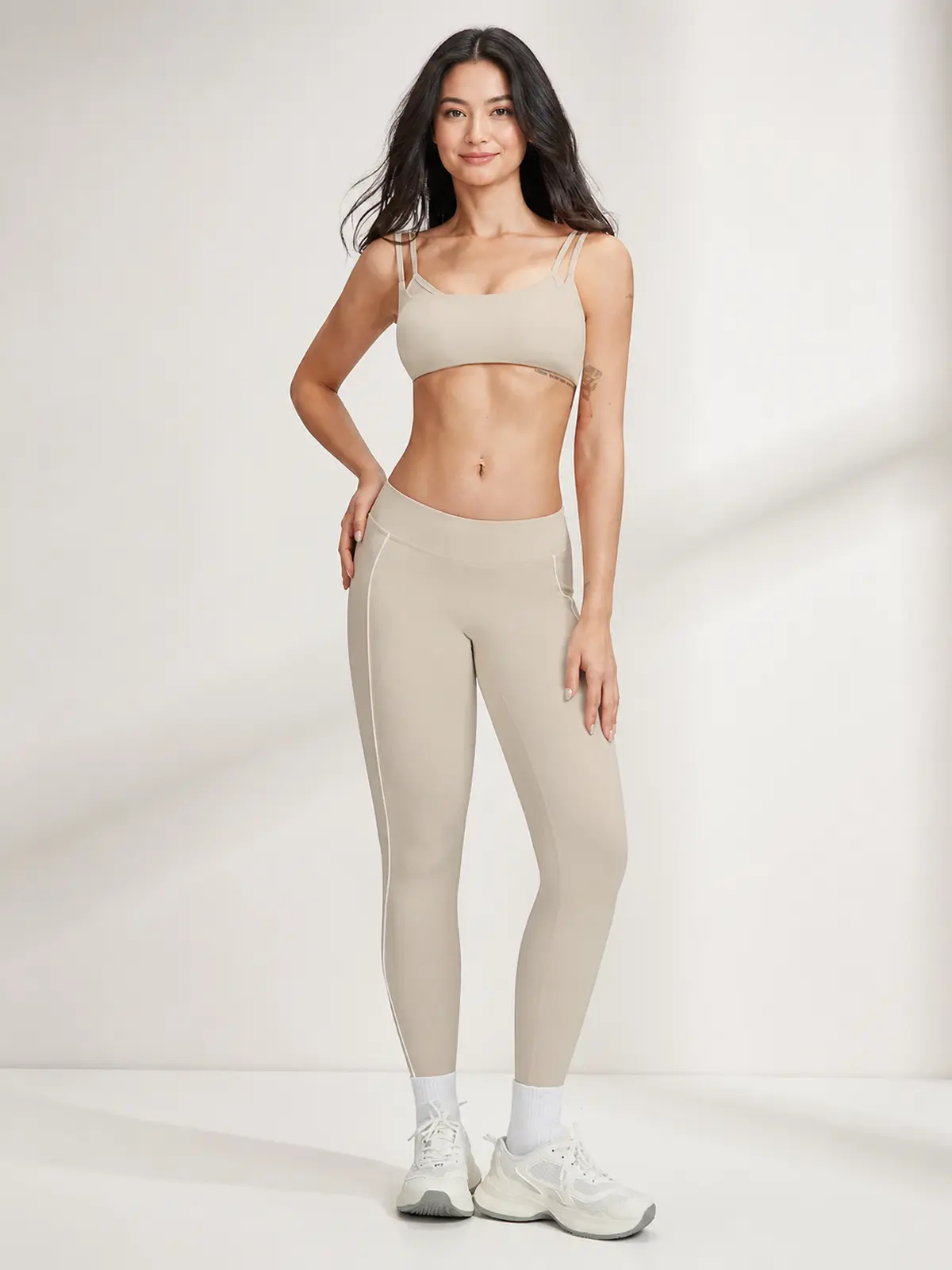 Amber Tempo Square-Neck Sports Bra and Full-Length Leggings Set — light beige-gray — general — authoritative variation match