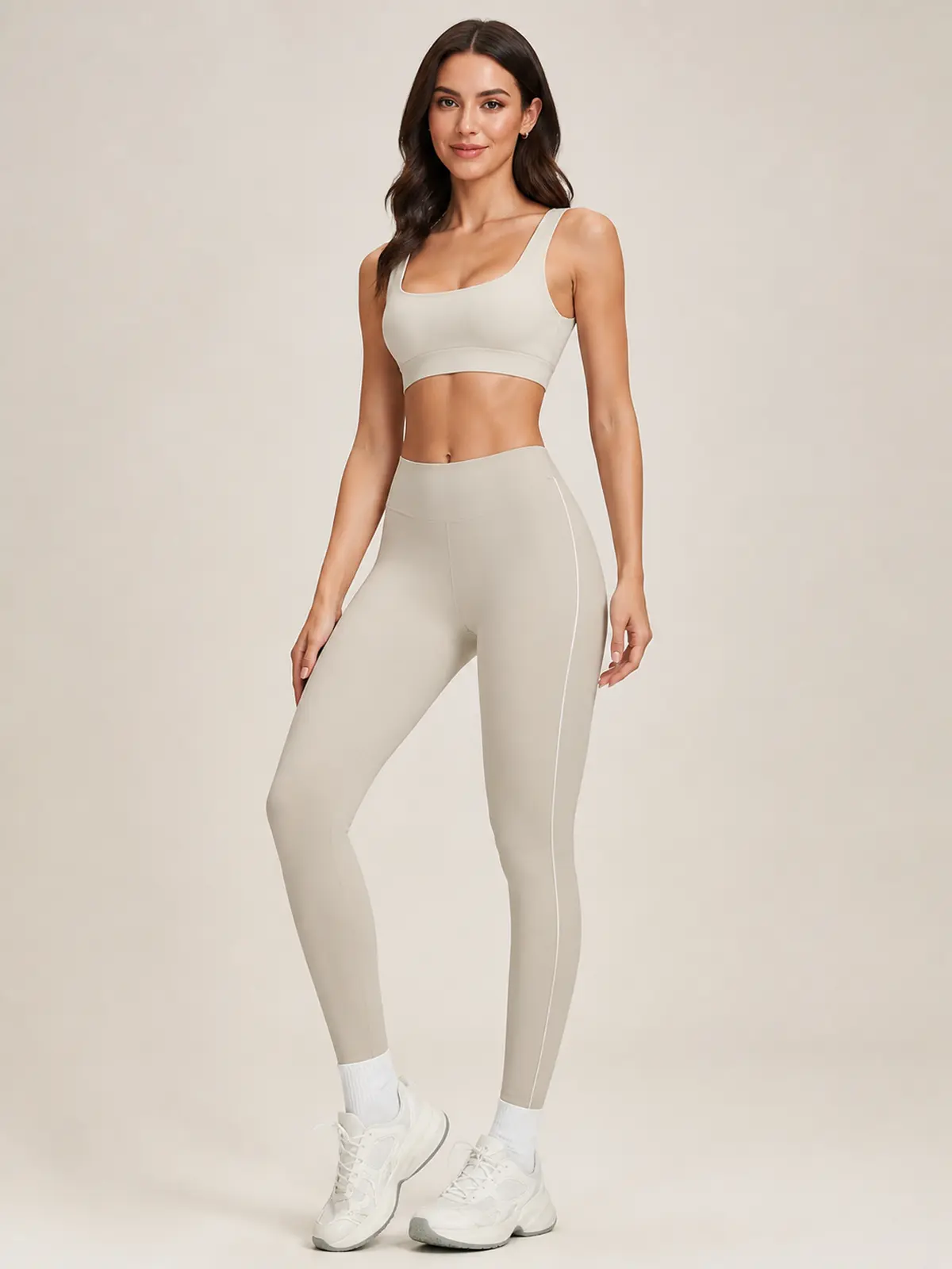 Amber Tempo Square-Neck Sports Bra and Full-Length Leggings Set — light beige-gray — general — authoritative variation match