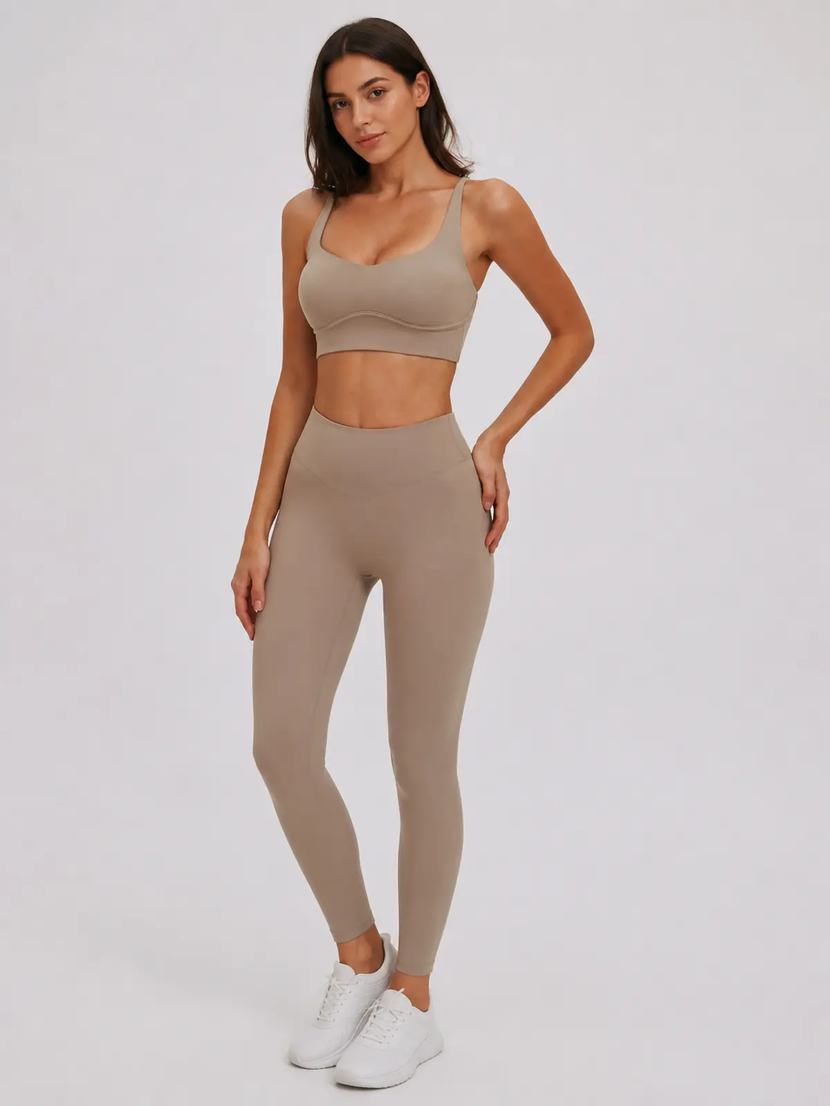 Arcveil Motion Scoop-Neck Longline Sports Bra — camel brown — sports-bra — authoritative variation match