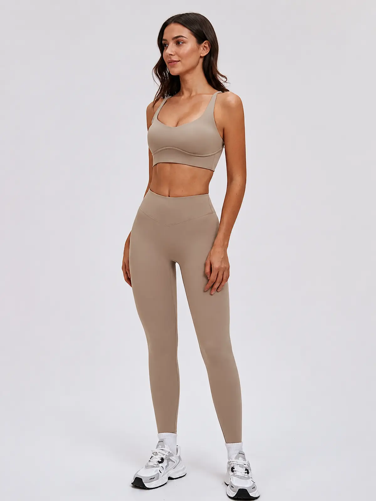 Arcveil Motion Scoop-Neck Longline Sports Bra — camel brown — sports-bra — authoritative variation match