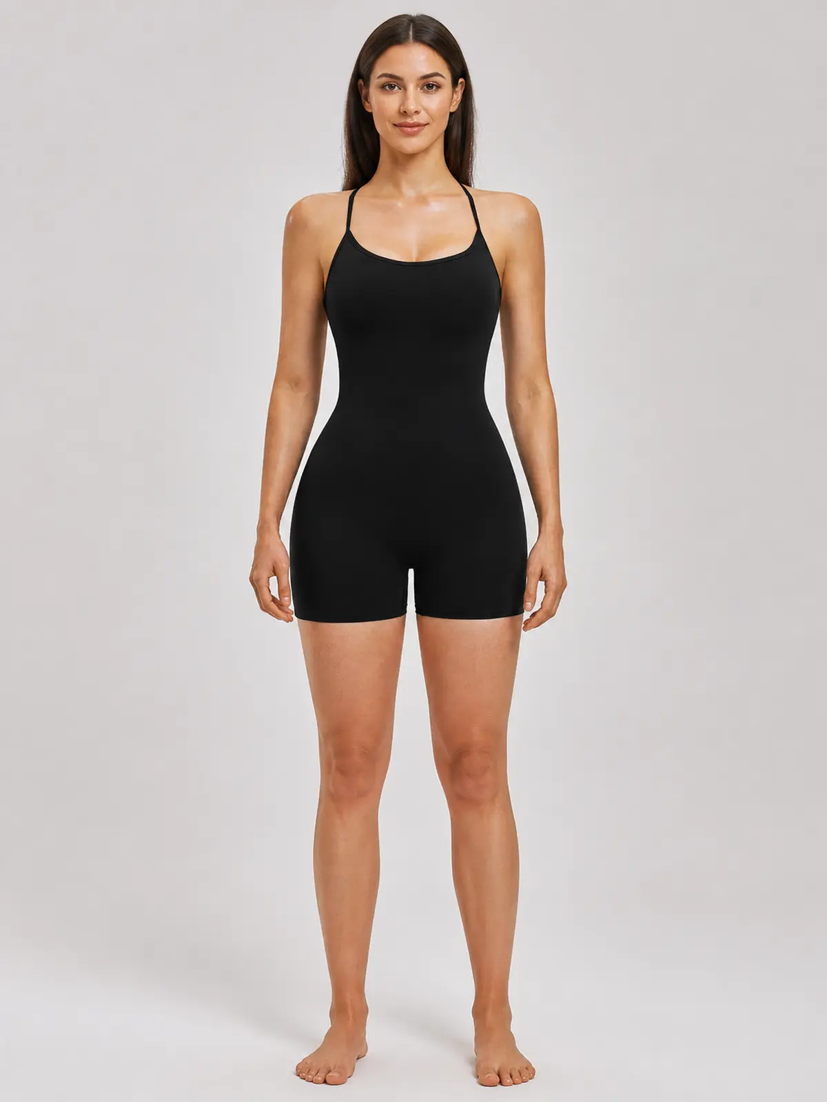 Arden Interval Sleeveless Cross-Back Yoga Romper — black — unitard — authoritative variation image