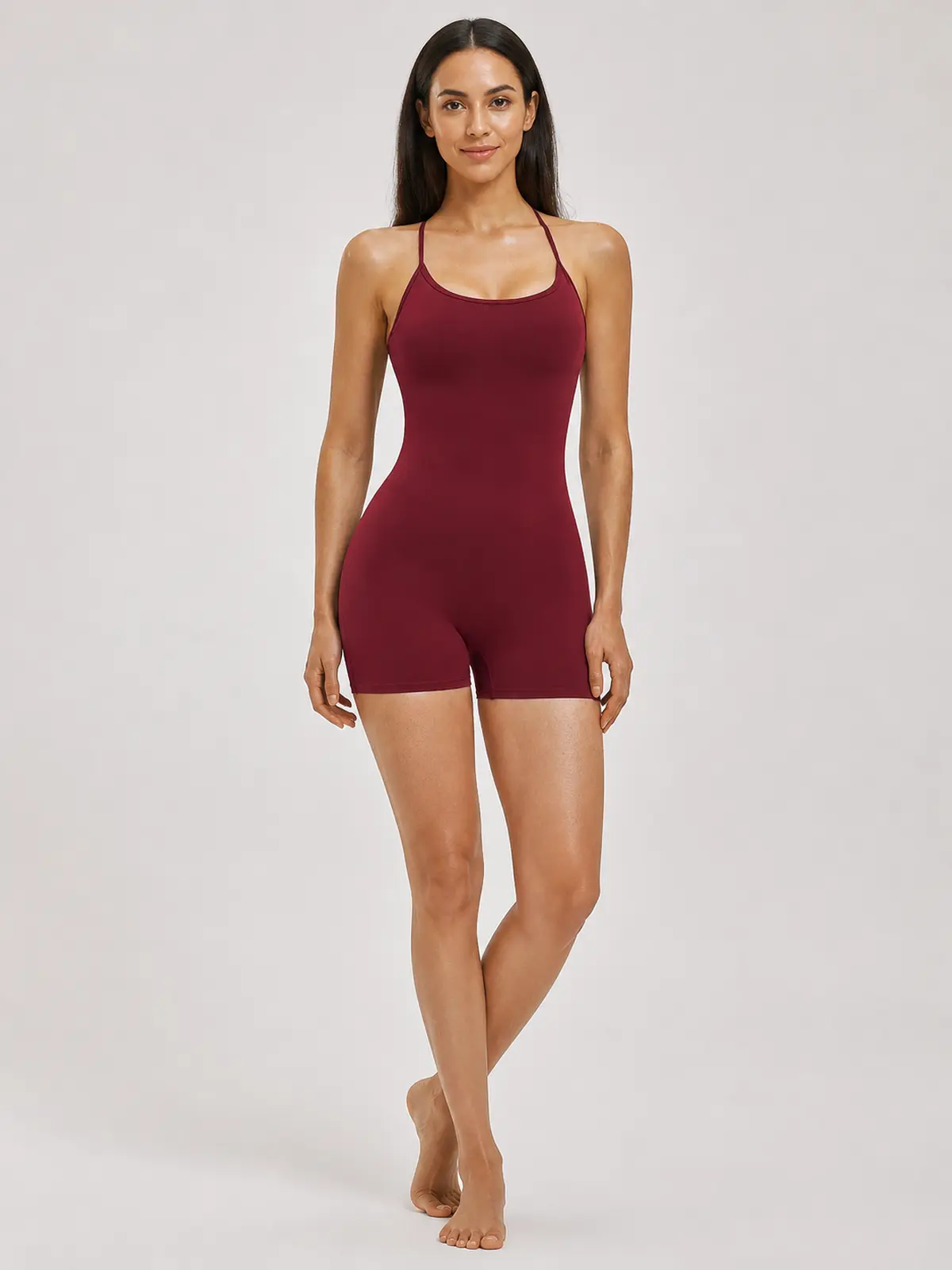 Arden Interval Sleeveless Cross-Back Yoga Romper — burgundy — unitard — authoritative variation match