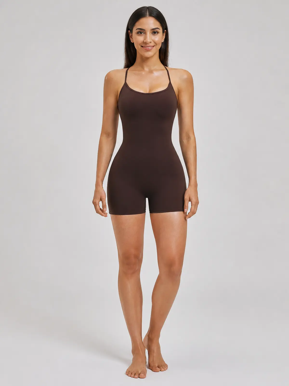 Arden Interval Sleeveless Cross-Back Yoga Romper — dark brown — unitard — authoritative variation image