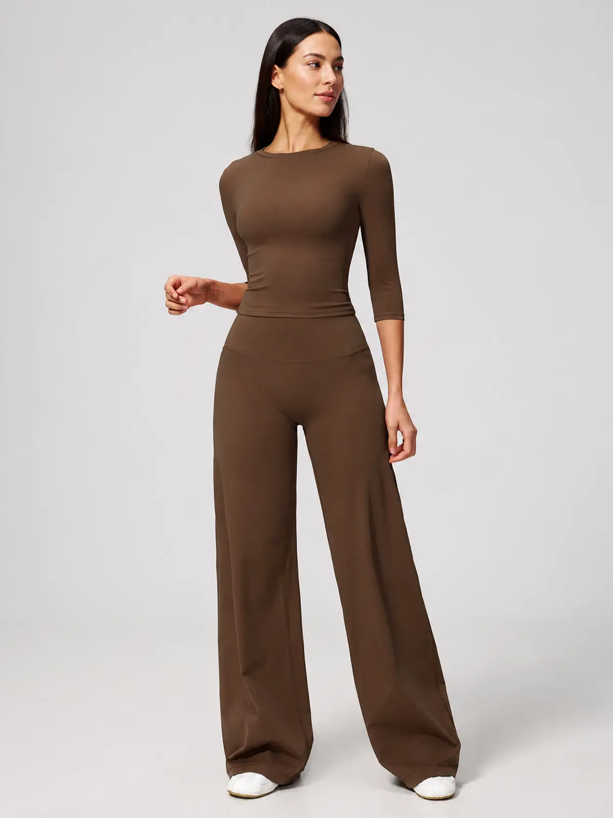 Asterine Passage High-Rise Flare Yoga Pants — chocolate brown — authoritative variation match