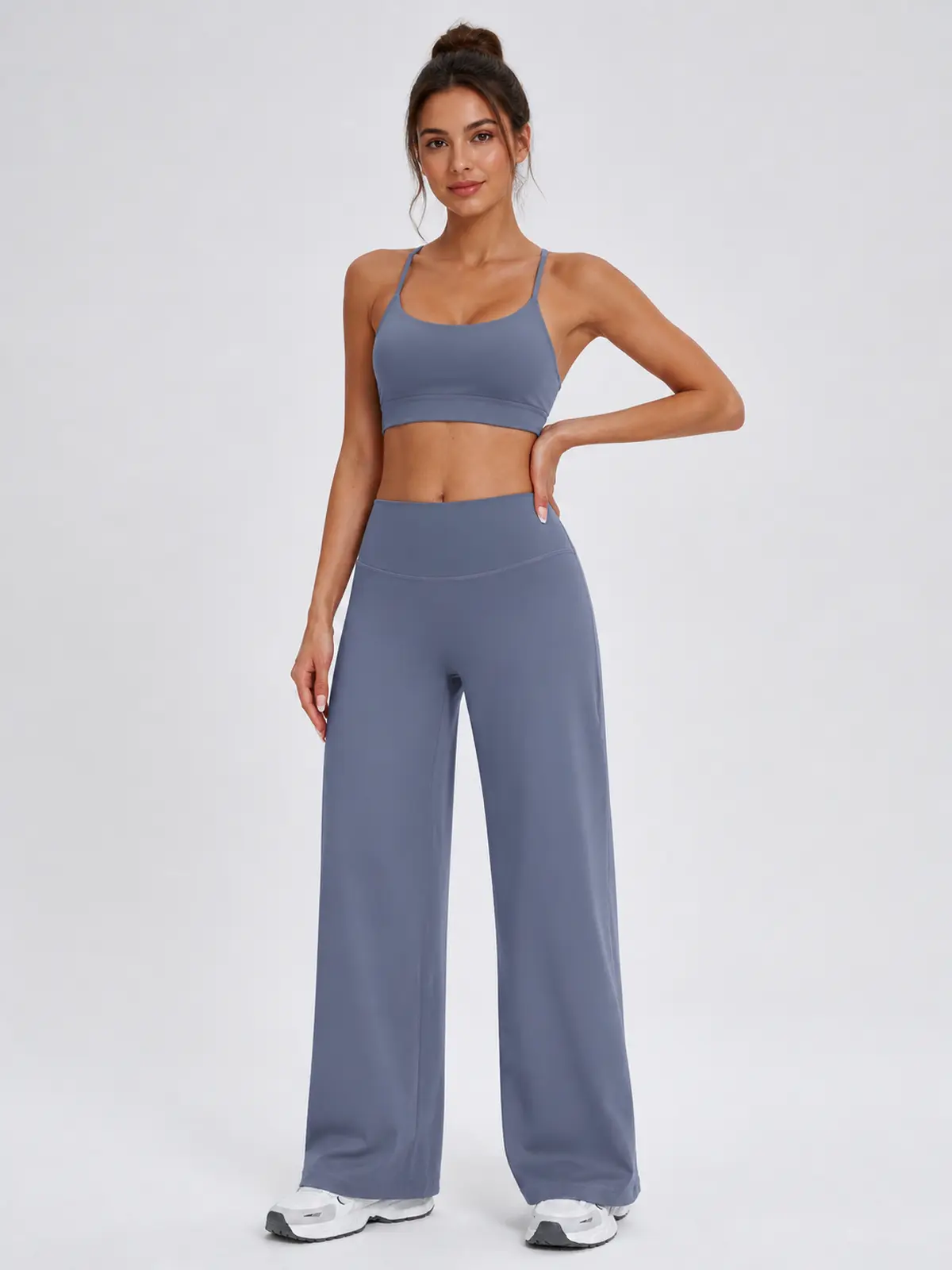 Asterine Passage High-Rise Flare Yoga Pants — smoky gray-blue — authoritative variation match