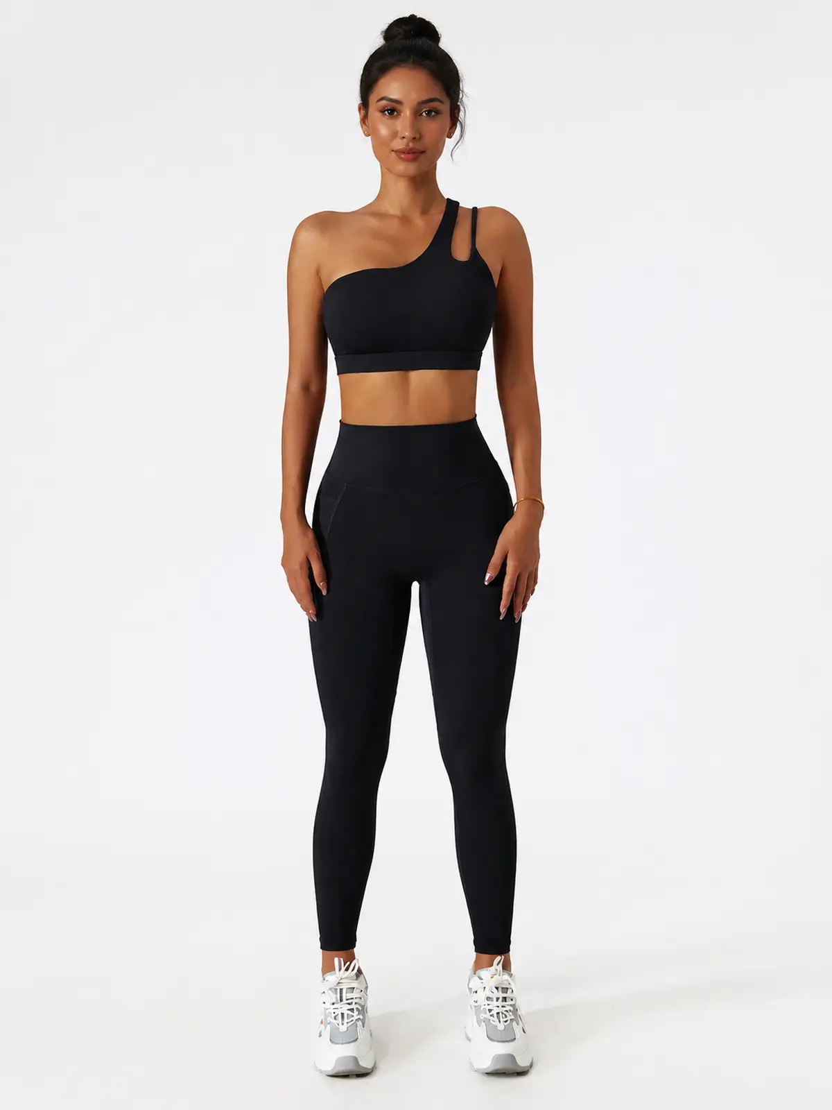Asymmetry Edit One-Shoulder Cutout Sports Bra — black — general — authoritative variation match