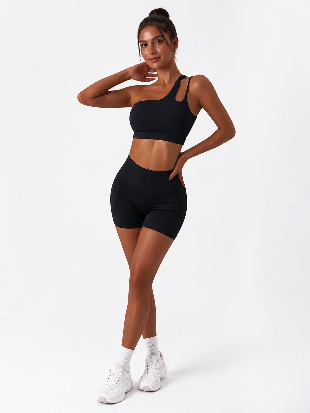 Asymmetry Edit One-Shoulder Cutout Sports Bra — black — general — authoritative variation match