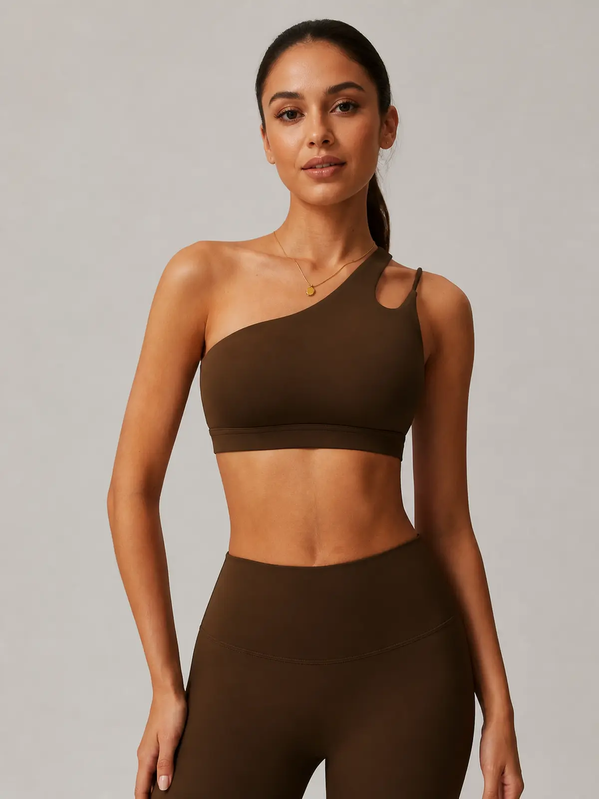 Asymmetry Edit One-Shoulder Cutout Sports Bra — brown — sports-bra — authoritative variation image