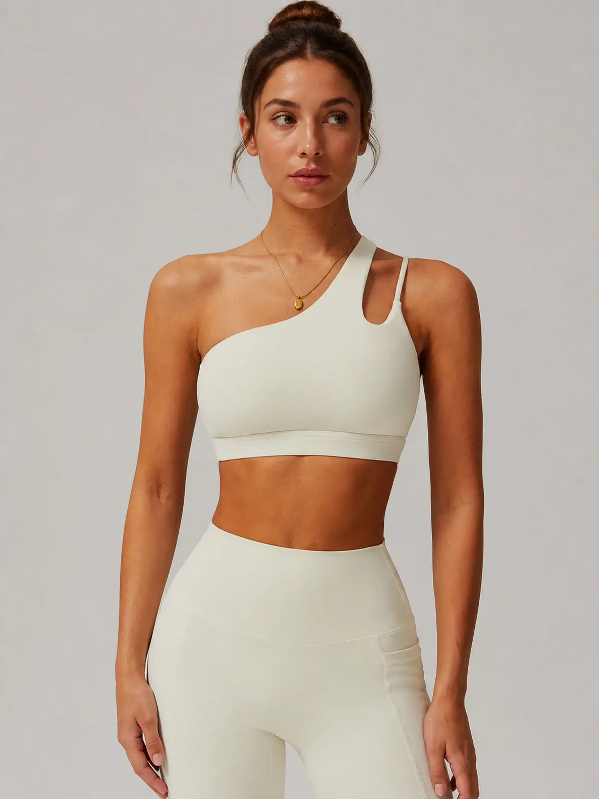 Asymmetry Edit One-Shoulder Cutout Sports Bra — cream beige — general — authoritative variation match