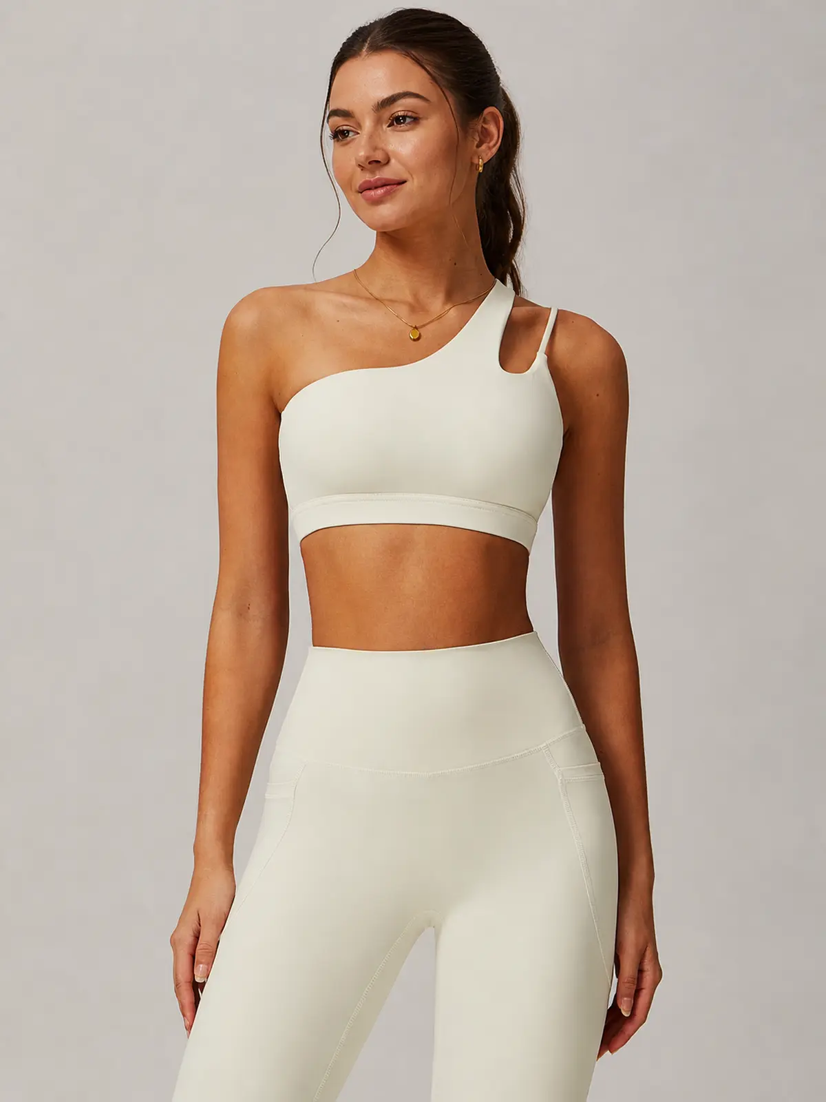 Asymmetry Edit One-Shoulder Cutout Sports Bra — cream beige — general — authoritative variation match