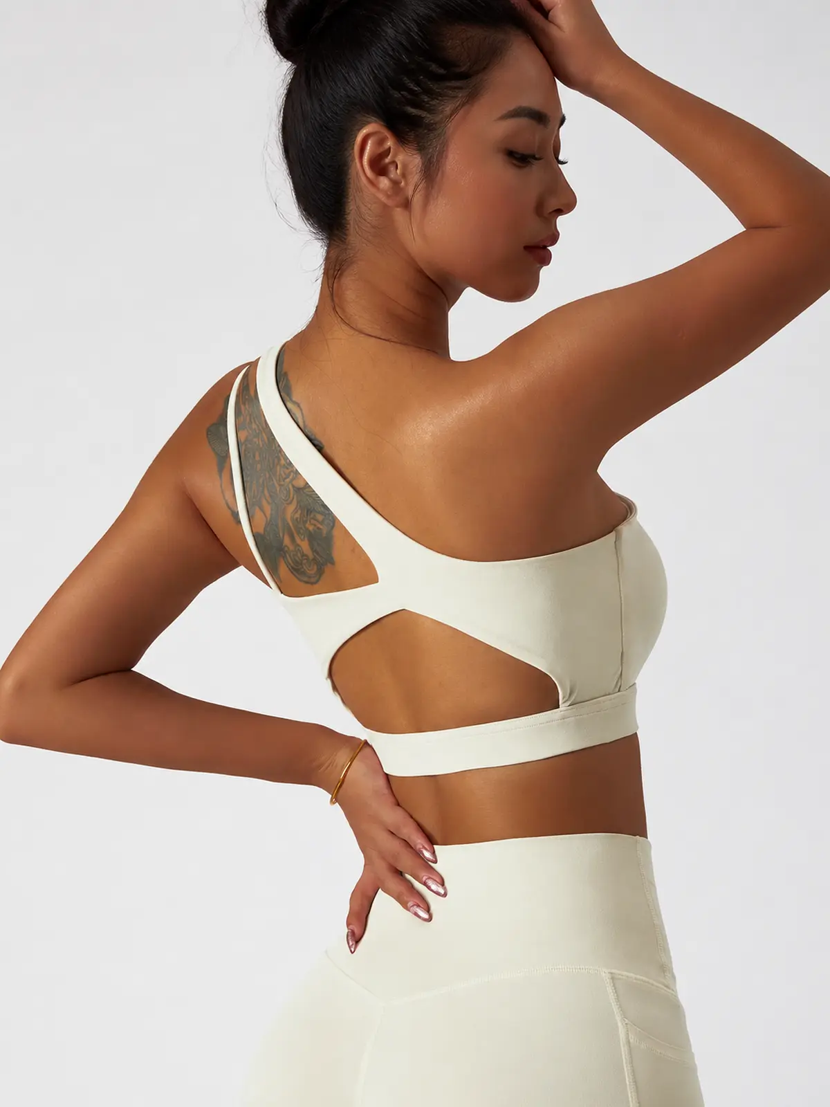 Asymmetry Edit One-Shoulder Cutout Sports Bra — cream beige — sports-bra — authoritative variation match