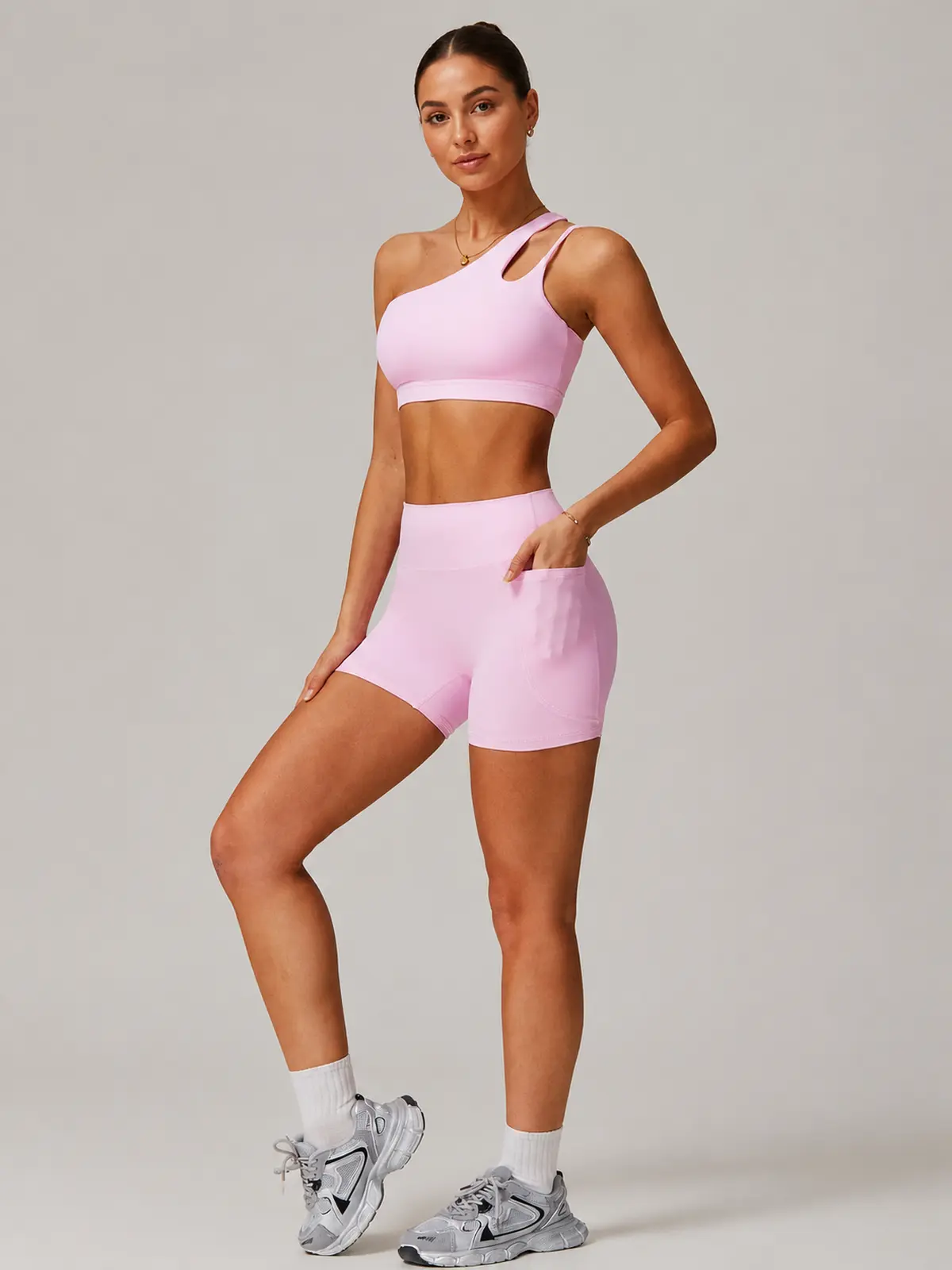Asymmetry Edit One-Shoulder Cutout Sports Bra — light pink — general — authoritative variation match