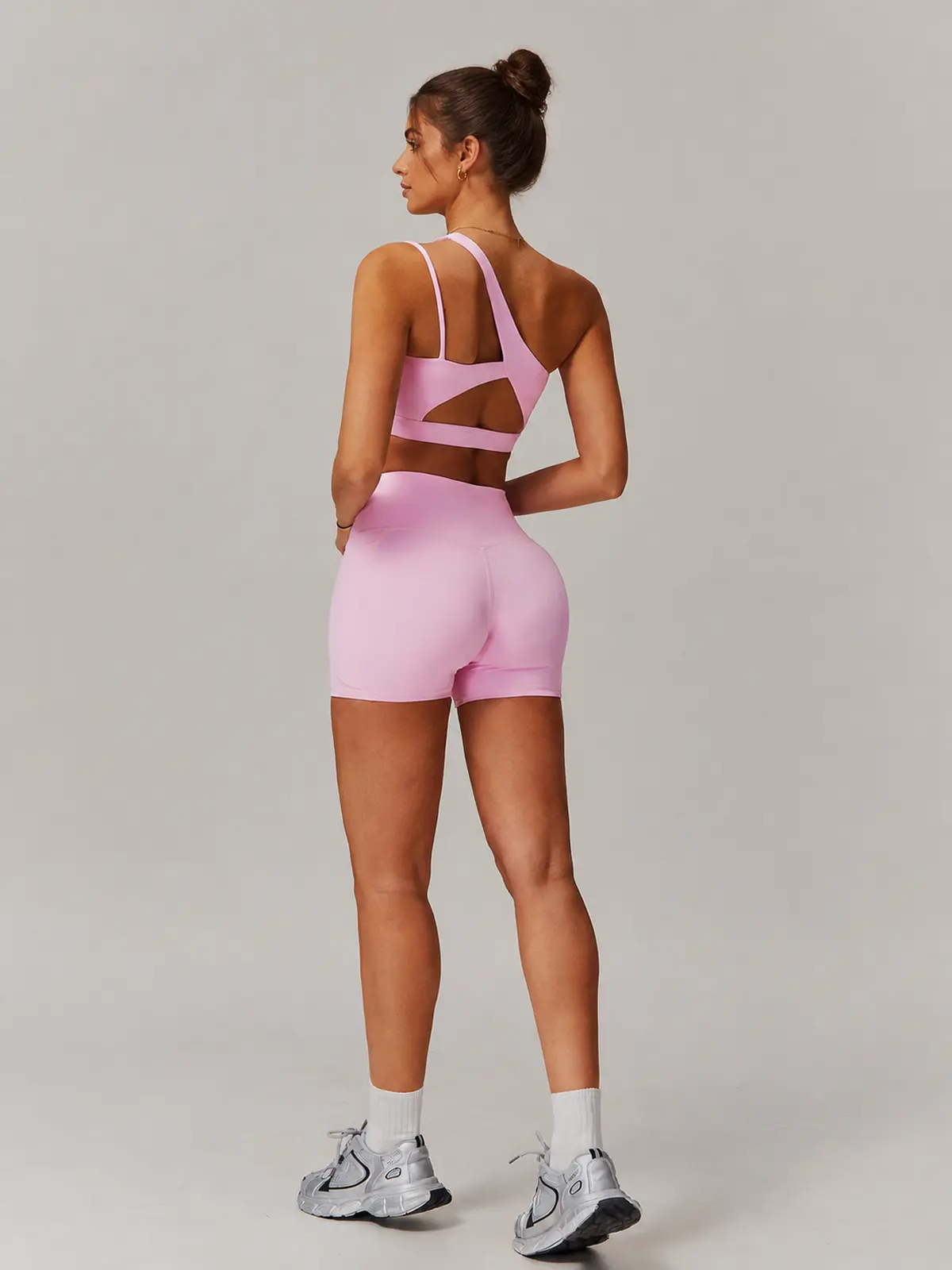 Asymmetry Edit One-Shoulder Cutout Sports Bra — light pink — general — authoritative variation match