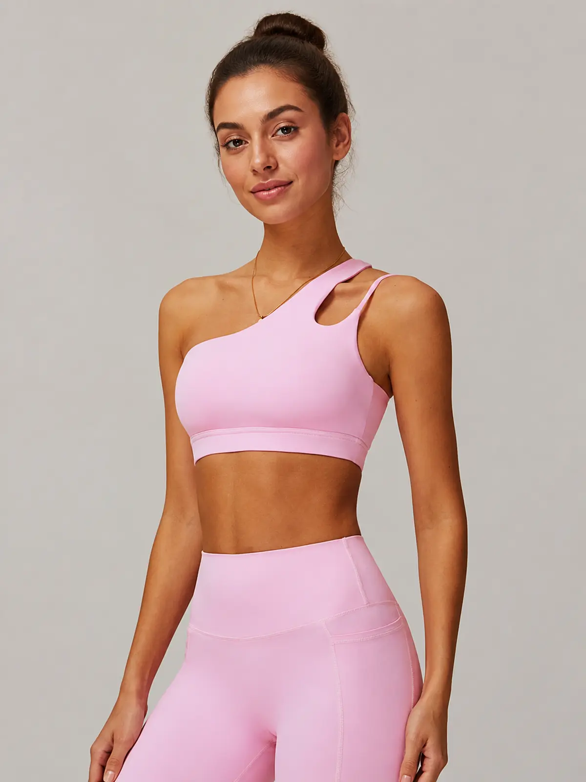 Asymmetry Edit One-Shoulder Cutout Sports Bra — light pink — general — authoritative variation match