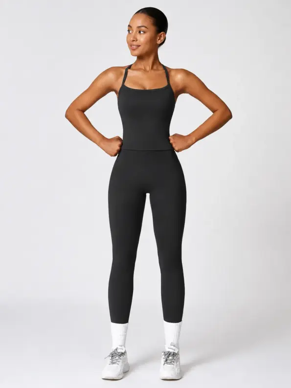 Aubade Field Halter Sports Bra and Full-Length Leggings Set — black — unitard — authoritative variation match