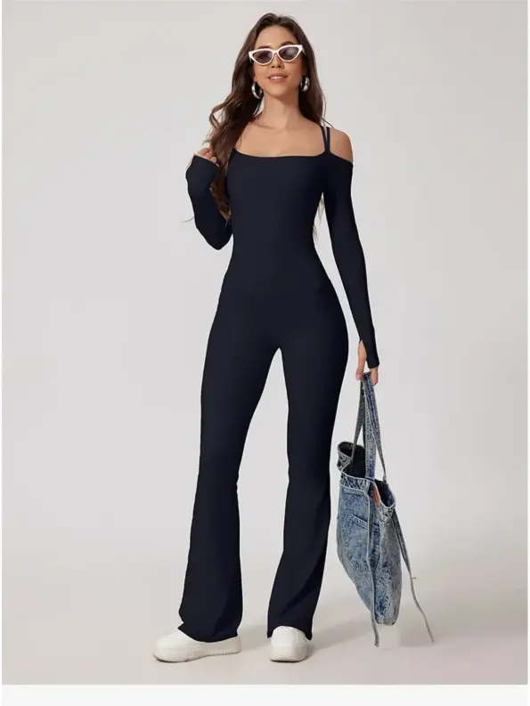 Auralis Thread Off-Shoulder Flared-Leg Yoga Jumpsuit — dark navy — authoritative variation match