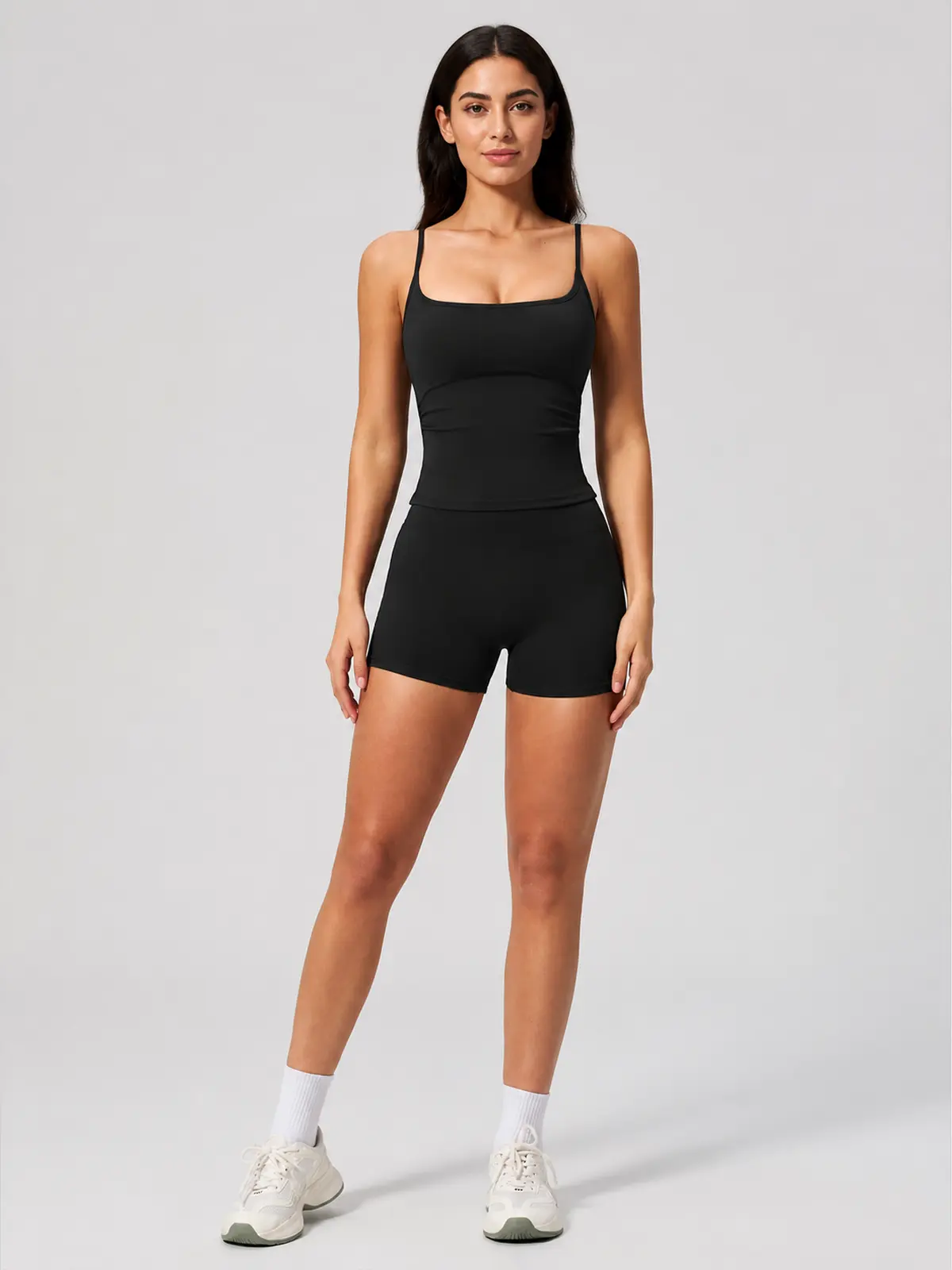 Balsam Drift Square-Neck Tank Top and High-Waisted Bike Shorts Set — black — general — authoritative variation match