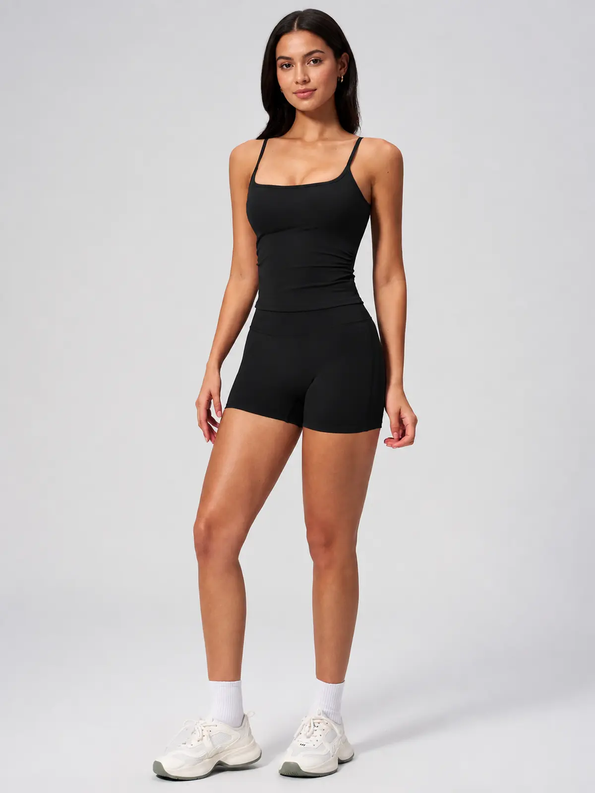 Balsam Drift Square-Neck Tank Top and High-Waisted Bike Shorts Set — black — general — authoritative variation match