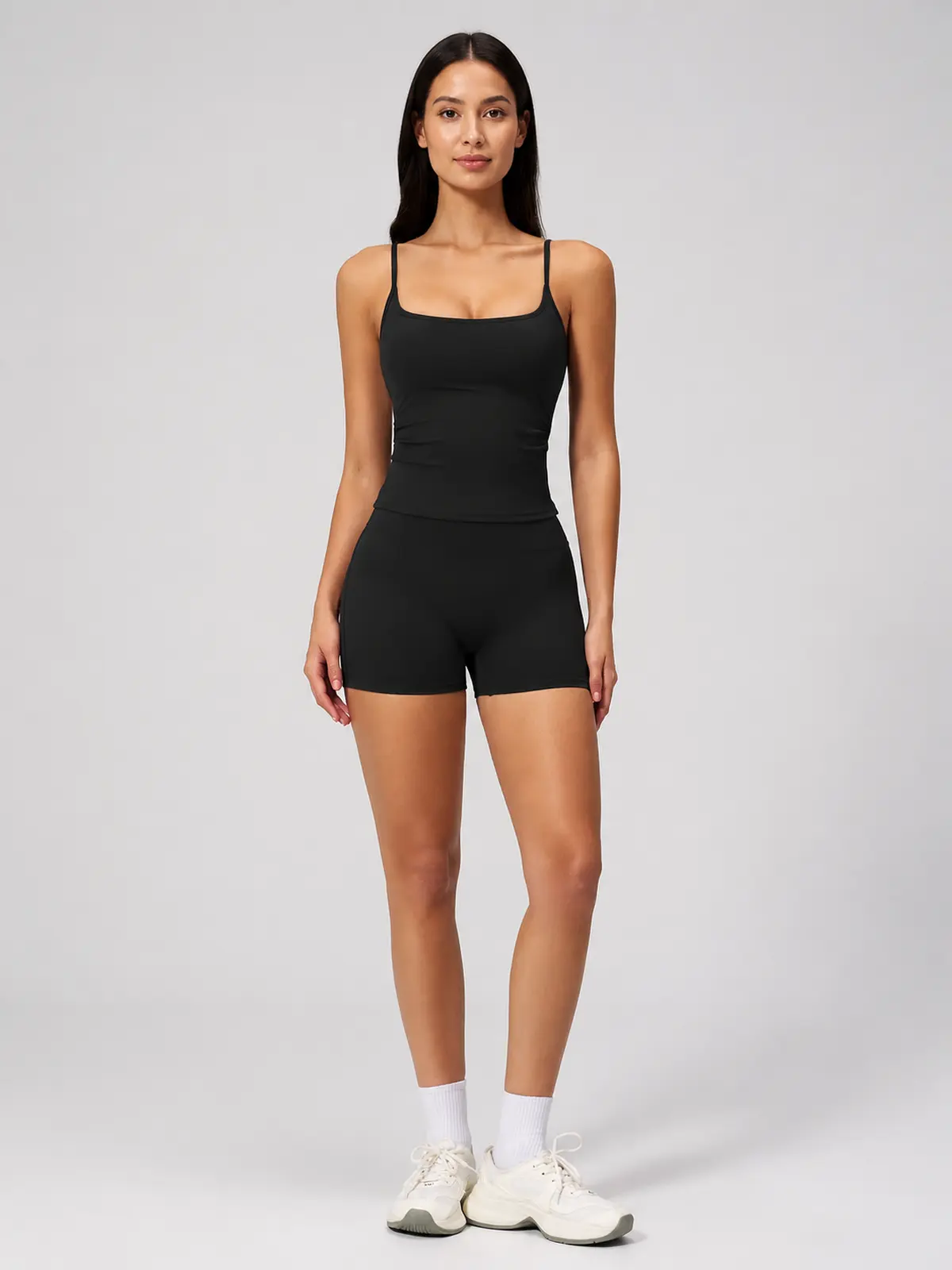 Balsam Drift Square-Neck Tank Top and High-Waisted Bike Shorts Set — black — general — authoritative variation match
