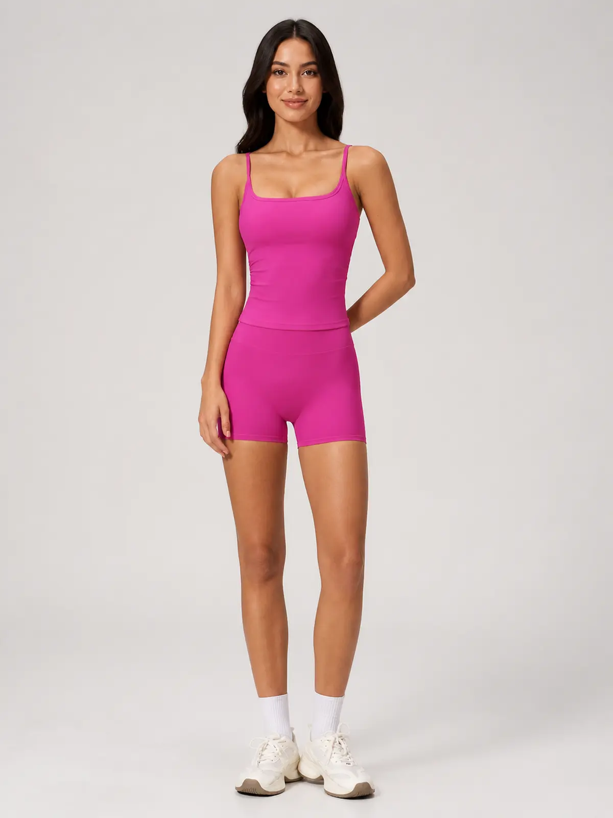 Balsam Drift Square-Neck Tank Top and High-Waisted Bike Shorts Set — bright pink — general — authoritative variation match