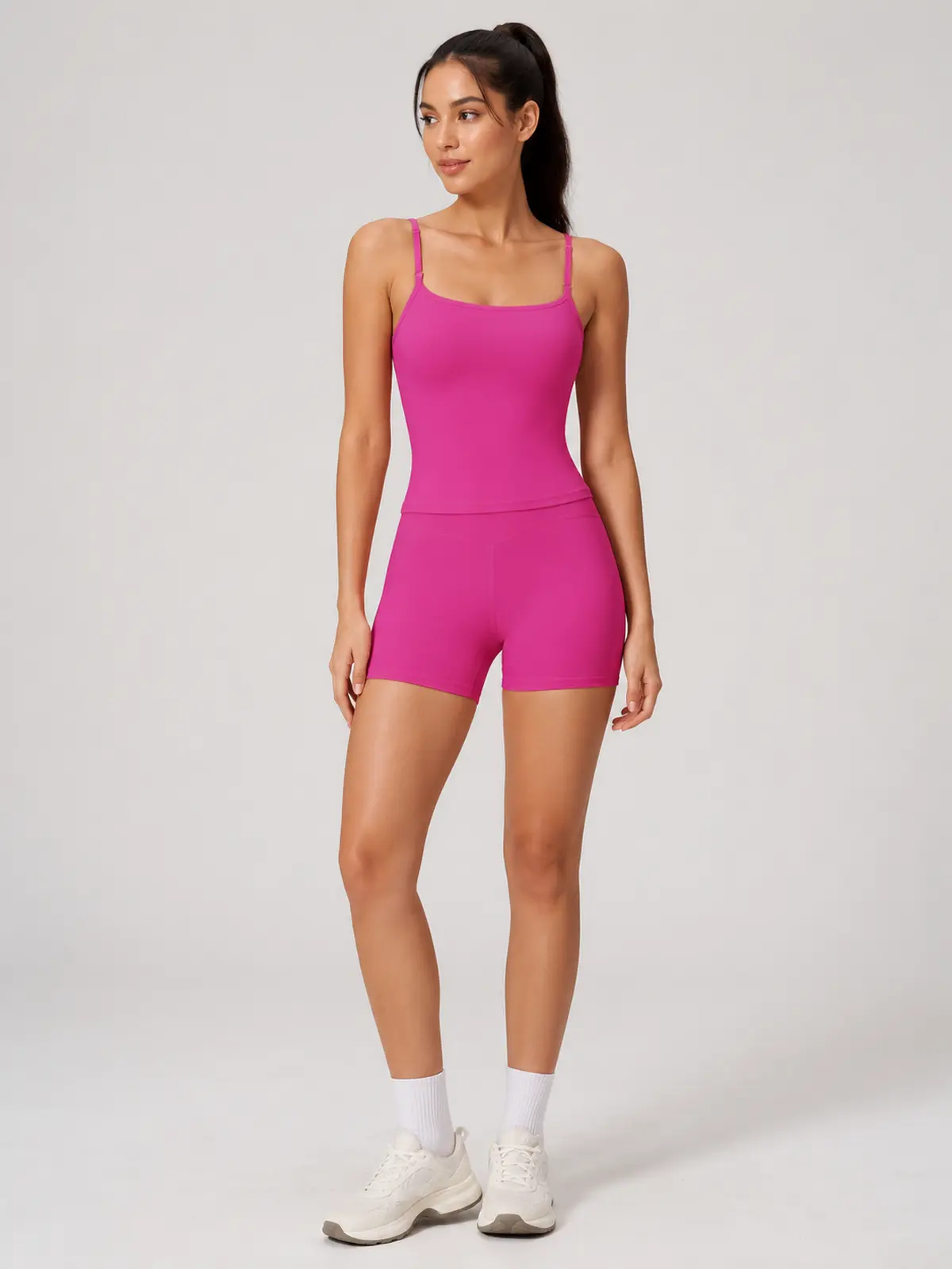 Balsam Drift Square-Neck Tank Top and High-Waisted Bike Shorts Set — bright pink — general — authoritative variation match