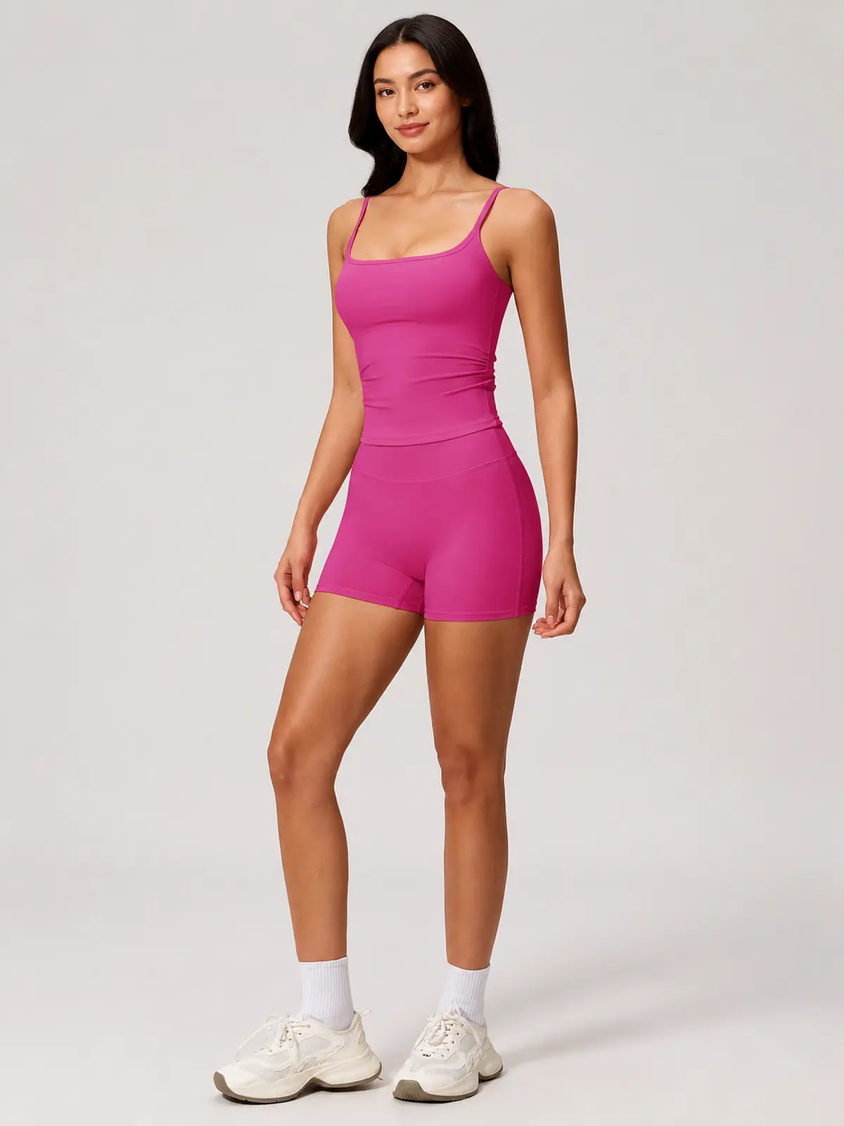 Balsam Drift Square-Neck Tank Top and High-Waisted Bike Shorts Set — bright pink — general — authoritative variation match