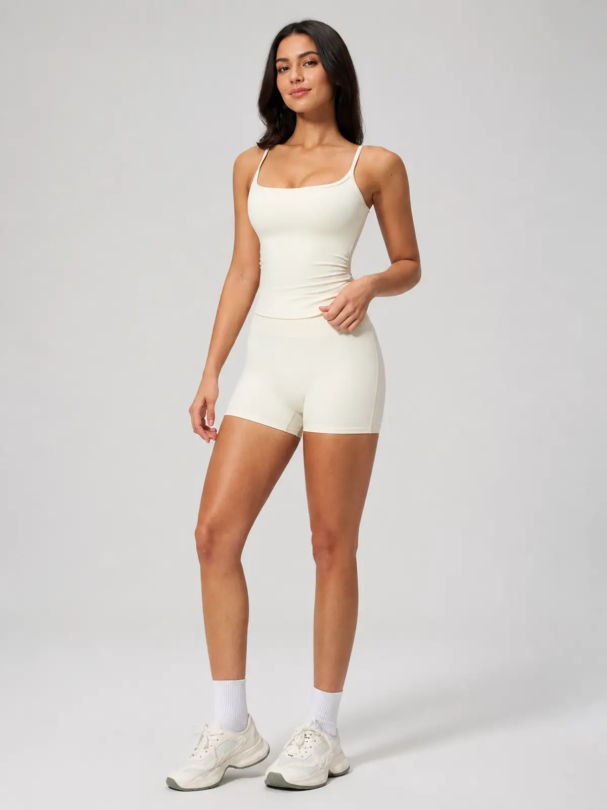 Balsam Drift Square-Neck Tank Top and High-Waisted Bike Shorts Set — creamy white — general — authoritative variation match