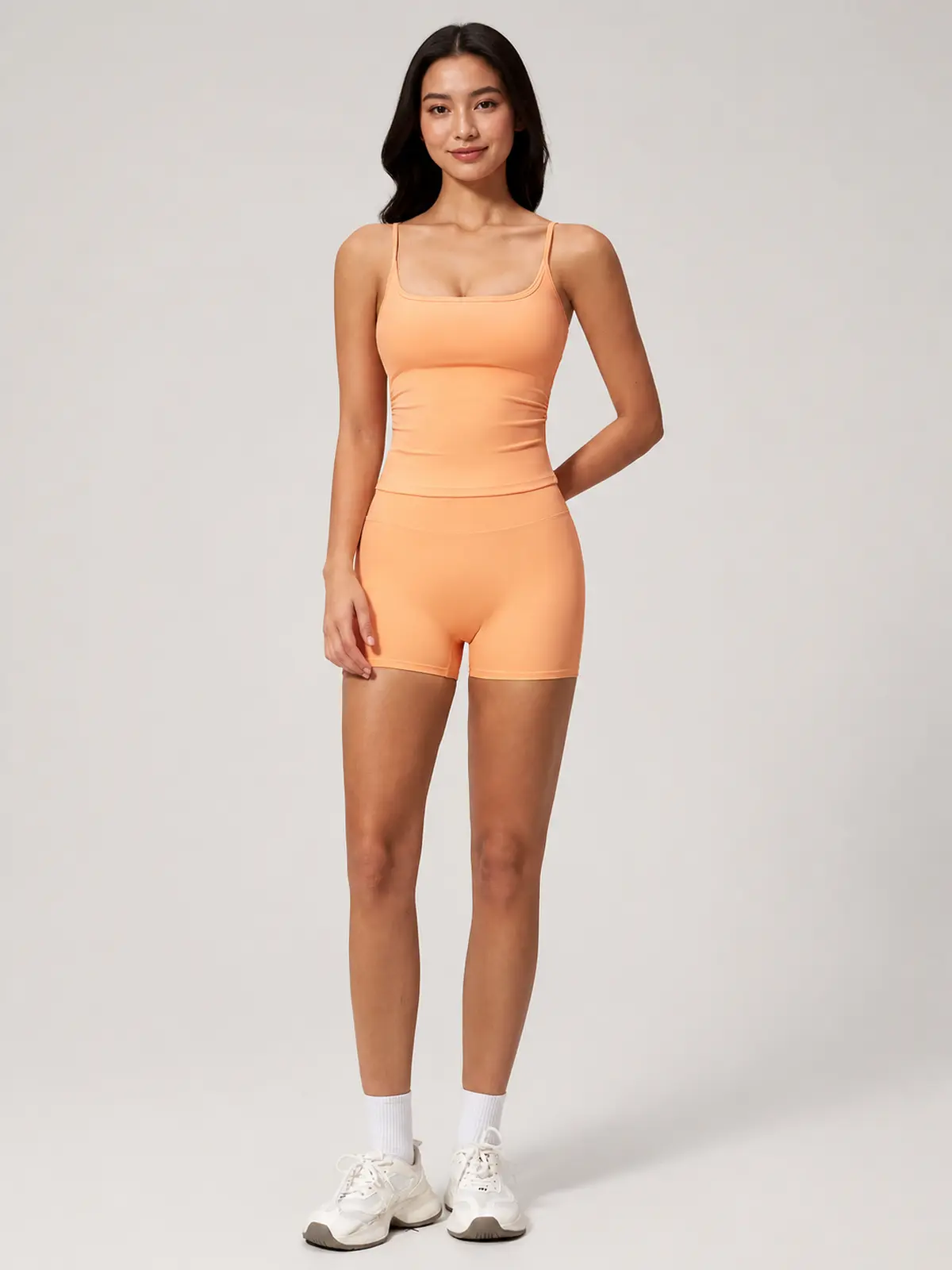 Balsam Drift Square-Neck Tank Top and High-Waisted Bike Shorts Set — peach orange — general — authoritative variation match
