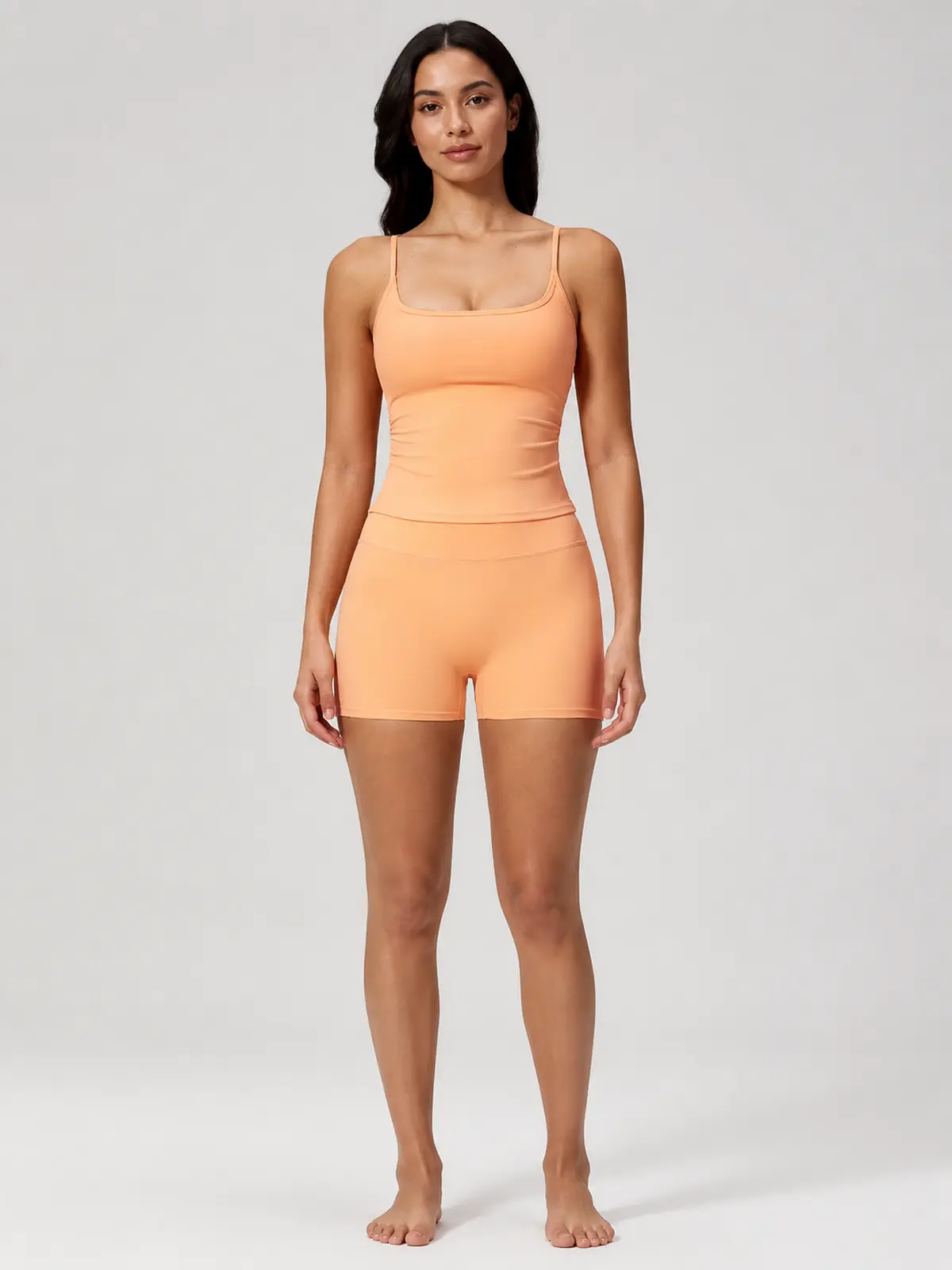 Balsam Drift Square-Neck Tank Top and High-Waisted Bike Shorts Set — peach orange — tank-top — authoritative variation match